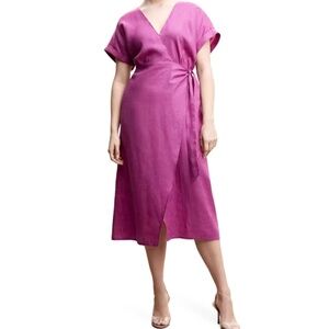 MANGO Bow Linen Dress Womens‎ 6 Dahlia-Purple Cinched Wiast-Tie V-Neck